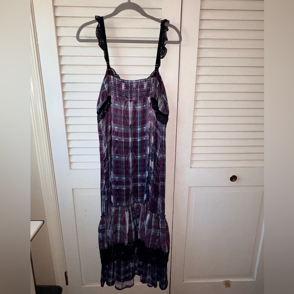 Anthropologie Purple Plaid Lace Trim Midi Dress Medium V Neck Tiered Boho - Picture 5 of 6